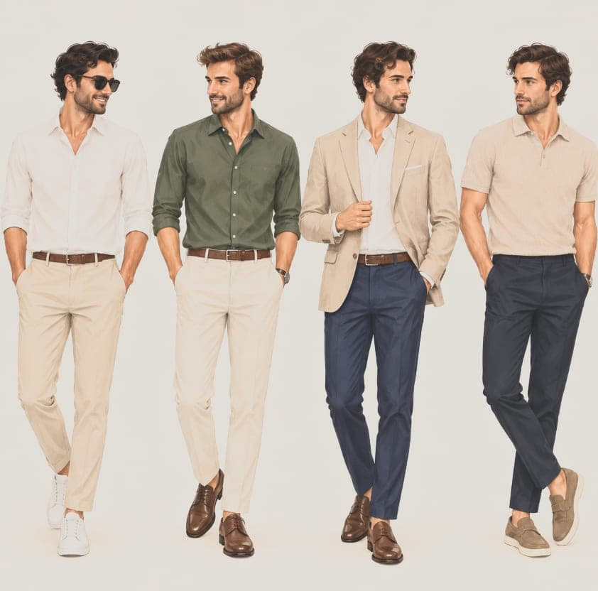Quatro looks masculinos de esporte fino: camisa e calça de alfaiataria, blazer bege com calça azul-marinho e polo de tricô